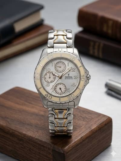 Festina Multifunction Stainless Steel Watch–White Dial |Vintage |Spain