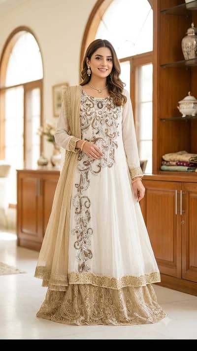 Elegant Off-White Chiffon Heavy Embroidered Maxi