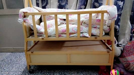 2month used High-Quality Wooden Baby Cot Features with bed and pillows
