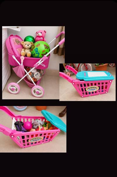 Kids Toy Shopping Cart + Baby Doll Stroller + Toys Set