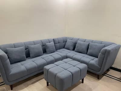Premium Modern Grey L-Shape / Corner Sofa Set with Ottoman & Cushions