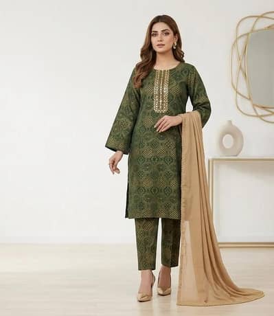 GREEN ARABIC LAWN 3PC block printed set