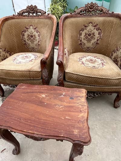 2 piece wooden - velvet chair set/ Coffee table set