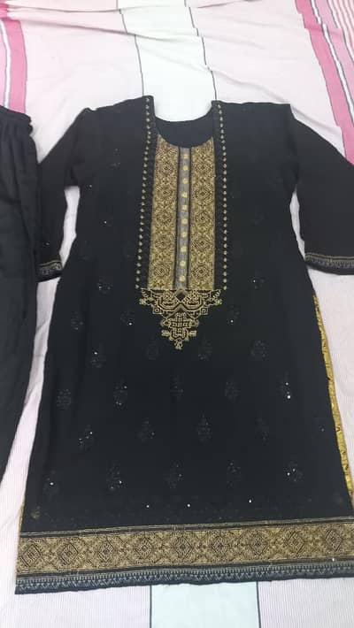 Black 3pc Suit Golden Silver Work | 1 Time Used | Rs. 4500