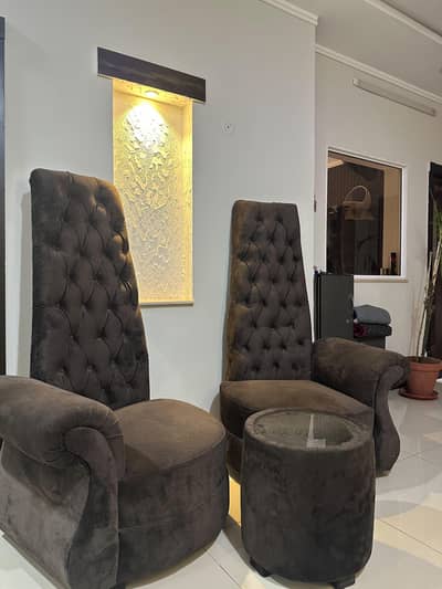 High Back Velvet Accent Chairs Pair with Matching Small Table