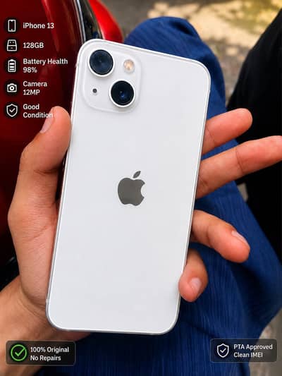 I phone 13 PTA approved 98% health 10/10 white colour excellent  part