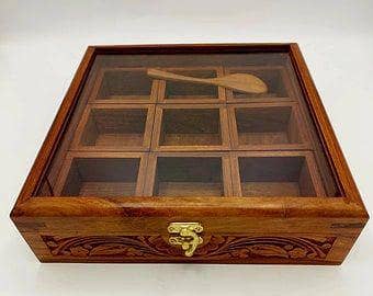 Wooden 9 Section Masala Box / Spice Organizer with Glass Top