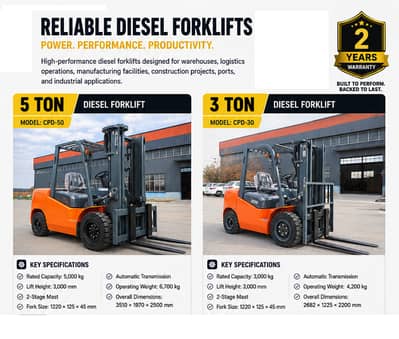 3 Ton & 5 Ton Diesel & Electric Forklifts With Clamps 2years Warranty