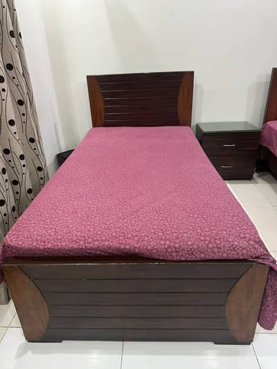 Wooden Single Beds (2)+ Side Table + Spring Mattresses (2) m