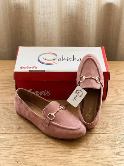"Women's Dusty Pink Suede Loafers with Gold Buckle Accent"
