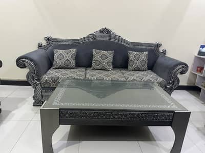 6 Seater Wooden Sofa Set + Center Table – Grey Theme