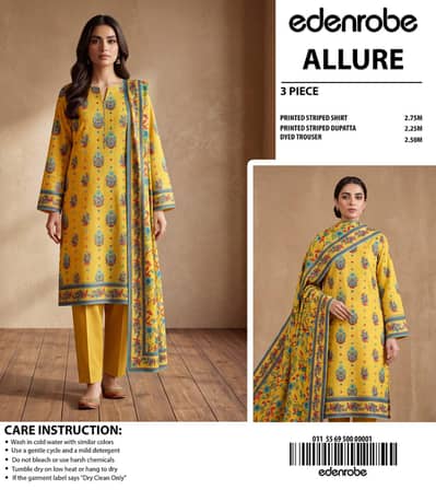 Edenrobe ALLURE 3PC Lawn Suit | Unstitched | Premium Quality