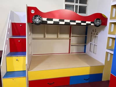 Kids Double Bunk Bed with Storage & 2 Mattresses