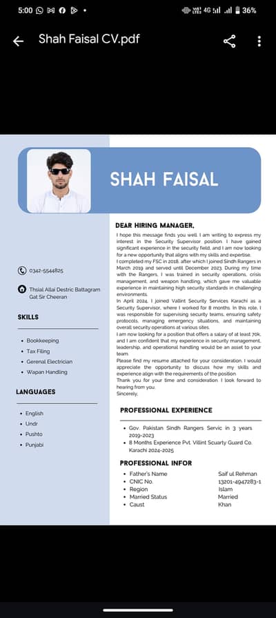 Ex Sindh Rangers Security Supervisor Available for Job