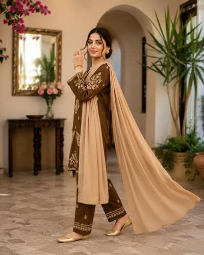Maroon Embroidered Organza 3 Piece Suit