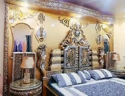 Royal golden lasani king size bed set with floor and wall.