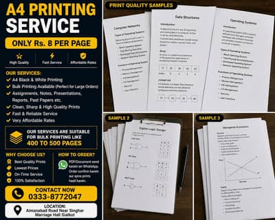 A4/Letter Size Black and White Printing/Photocopy Service Rs 8/Page