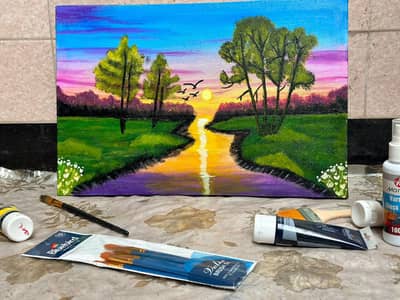 handmade 12x18 sunset ,landscape, canvas painting_river trees walldcor