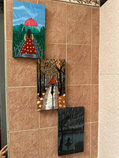 3 piece Handmade Rainy Theme Canvas Set 12x18 - Umbrella Girl Wall Art
