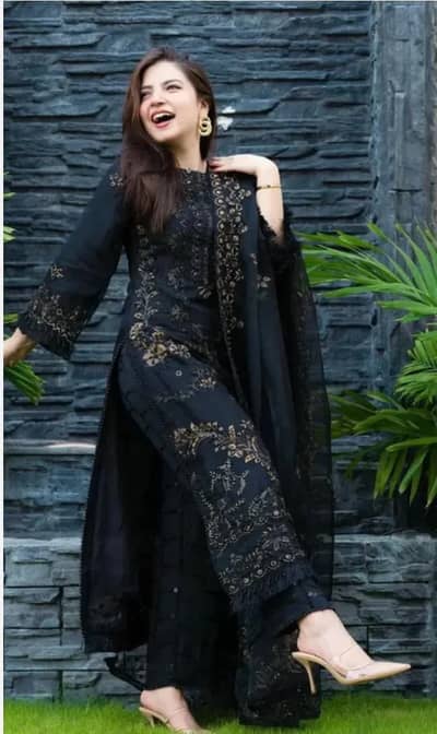 "Black Embroidered 3-Piece Lawn Suit (Unstitched)"