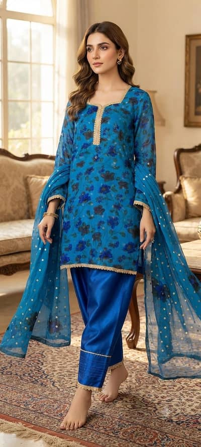 Printed Chiffon dress with Bindi dupata and belt reshmi  shalwar