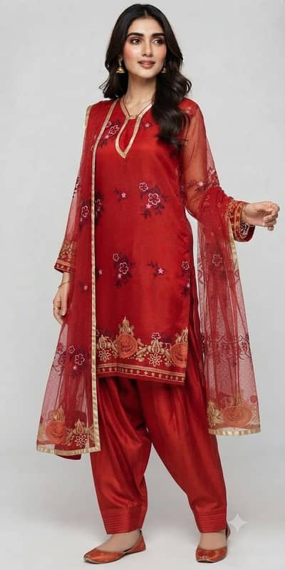 Net embroidered dress with net embroidered dupata, belt reshmi shalwar
