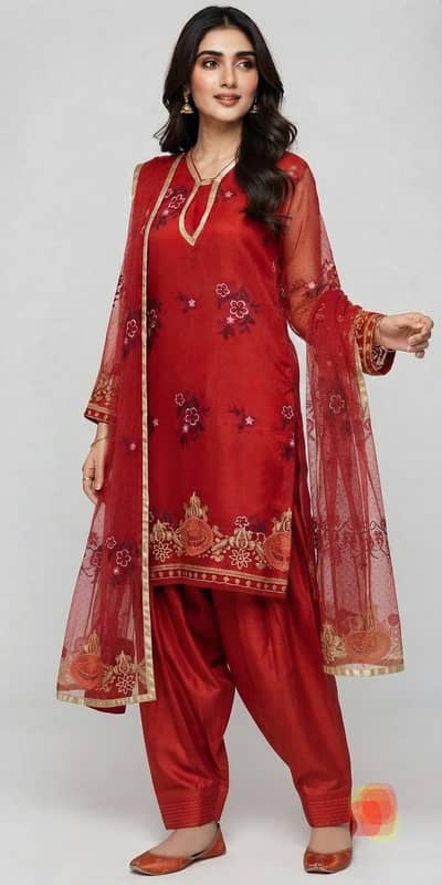 Net embroidered dress with net embroidered dupata, belt reshmi shalwar