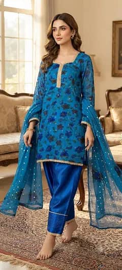 Printed Chiffon dress with Bindi dupata and belt reshmi  shalwar