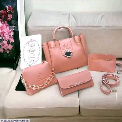 Trendy Pink PU Leather Handbag Set for Women (4 Pcs Set)