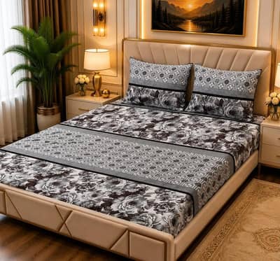 Stylish 3 Pcs Fleece Printed Double Bedsheet