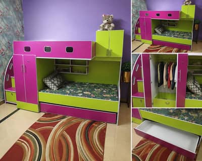 Durable and strong bed with cupboard and drawers