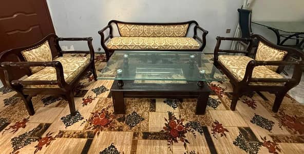 5 Seater Wooden Sofa Set with Glass Top Center Table
