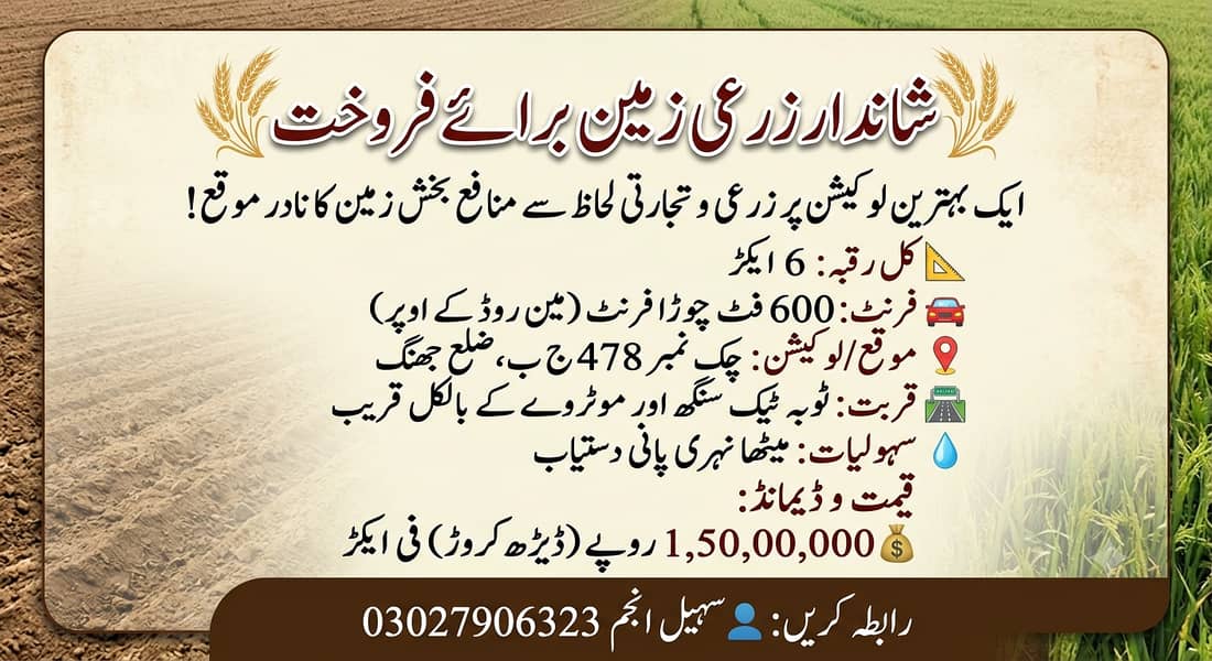  شاندار زرعی زمین برائے فروخت   ایک بہترین لوکیشن پر زرعی و تجارتی 0