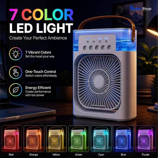 Portable Air Conditioner Mist Fan – 3-in-1 Mini AC Cooler with Ice Tray & Humidifier | 900ML Tank | 7 LED Colors | 3 Speed | USB Powered Cooling Fan for Room, Office, Car & Camping