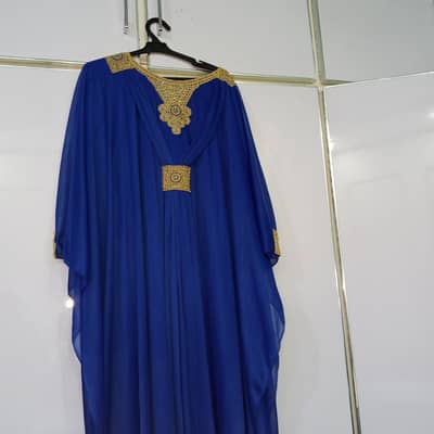 Luxury Royal Blue Chiffon Kaftan / Farasha Dress with Gold Embroidery"