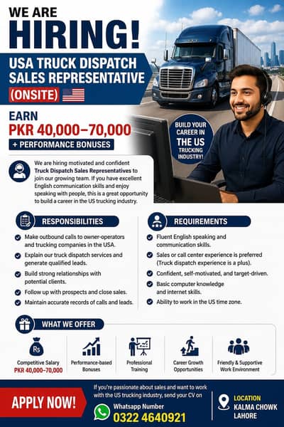 USA Truck Dispatch Sales Representative Job | Salary PKR 40,000–70,000