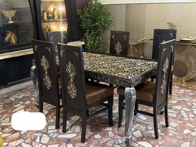 Royal Black & Gold Carved Wooden Dining Table Set 6 Seater for Sale