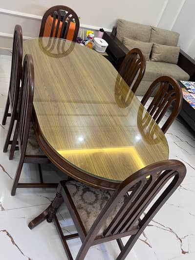 6 Seater Wooden Dining Table with Glass Top – Premium Condition
