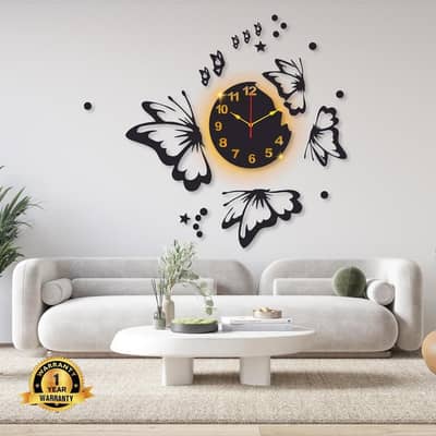 Butterfly Wall Clock Black Gold Modern Decor