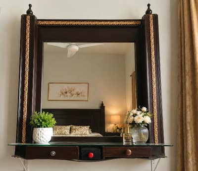 Wall-Mounted Wooden Dressing Mirror with Glass Shelf