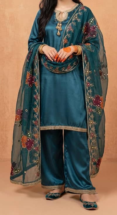 Exquisite Zinc Blue Silk Suit with Intricate Embroidery - Medium Size.