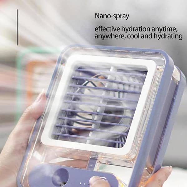 Mini USB Mist Fan – Rechargeable Oscillating Table Fan with Humidifier Spray, LED Night Light & 3 Speeds