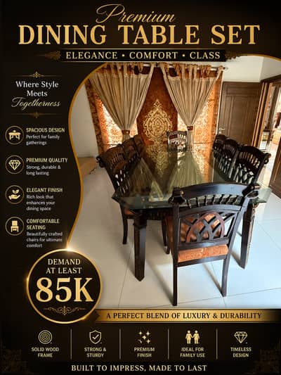 Elegant 8 Person Dining Set (Carved Wooden Chairs + Glass Top)
