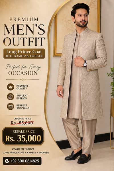 Men's Long Prince Coat 3 Piece | Shaukat Wedding Dress |Coat Kameez