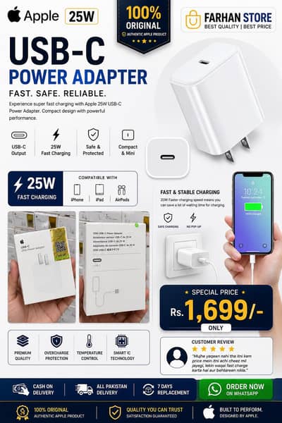 Apple 25W USB-C Fast Charger | Type-C Power Adapter | Fast Charging