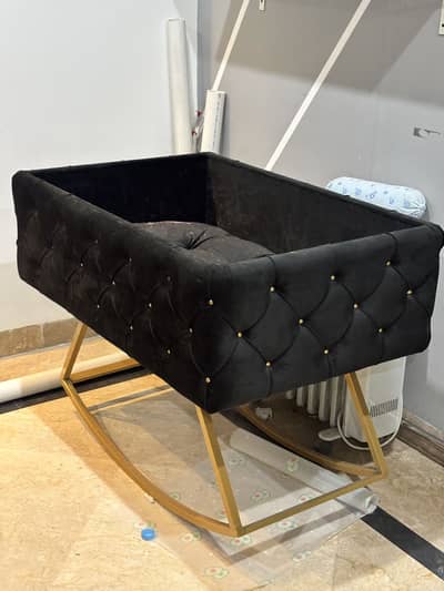 Luxury Velvet Baby Cradle / Bassinet with Gold Rocking Stand – Black