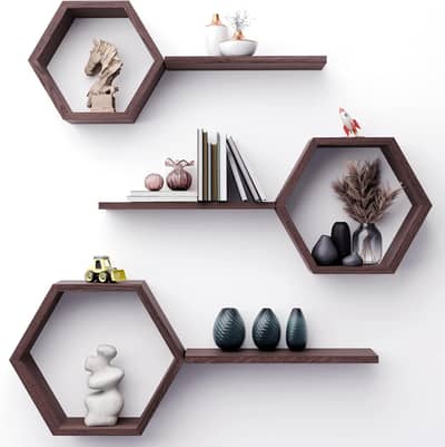 Wooden Hexagon Floating Wall Shelves Set for Living Room Decor