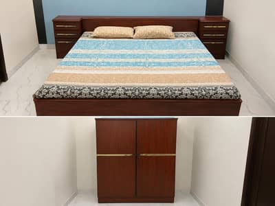 Wooden Bedroom Set for Sale – Bed + Side Tables + Wardrobe