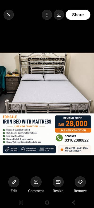 Iron Bed with Mattress for Sale – Like New Condition