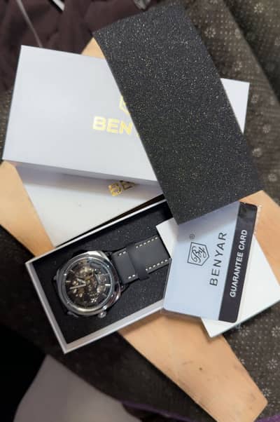 Benyar men autometic watch black leather strap 45 mm dial